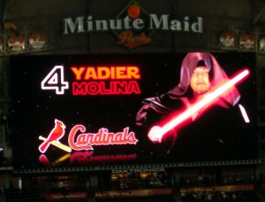 Yadier Molina of the St. Louis Cardinals becomes the evil emperor during Star Wars Night at Minute Maid Park. Photo R. Anderson