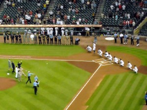 Ceremonial pitches honoring the troops and first responders. Photo R. Anderson
