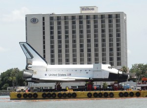 When the Space Shuttle Mock up arrived via water taxi it was sans "tagging." Last week someone changed that fact by spray paint the side of the mockup while it was sitting outside Space Center Houston. Photo R. Anderson