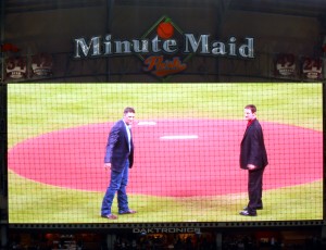 Lance Berkman and Roy Oswalt threw out the ceremonial first pitches after a pregame ceremony honoring them for their time with the Houston Astros. Photo R. Anderson