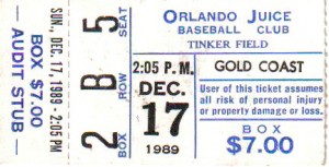This ticket stub allowed me entrance to Tinker Field where I ended up meeting one of my favorite baseball figures Earl Weaver outside the third base dugout. Photo R. Anderson