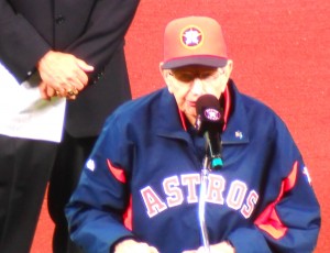 After retiring from the broadcast booth in 2012, Milo Hamilton served as the master of ceremonies for the 2013 Opening Day that marked the American League debut of the Houston Astros. Photo R. Anderson
