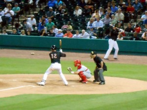 Former Boston Red Sox player Aaron Bates up to bat for the Sugar Land Skeeters. Photo R. Anderson